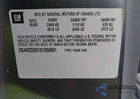 2005 Buick Lacrosse Cx z USA, uszkodzony, nr VIN 2G4WC532151339661